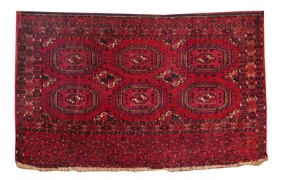 Lot 70 - AN OLD TURKOMAN MID RED JUVAL decorated six eight sided guls with a hooked skirt