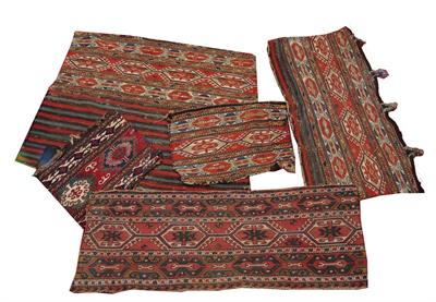 Lot 73 - A GROUP OF FIVE SOUMAK FRAGMENTS with polychrome banded and hooked decoration