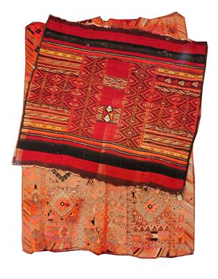 Lot 77 - A TURKISH RED GROUND KELIM OR WALL HANGING  with banded geometric multi-coloured decoration