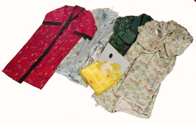 Lot 78 - A GROUP OF FOUR CHINESE EMBROIDERED SILK ROBES together with a Chinese silk gift set in presentation