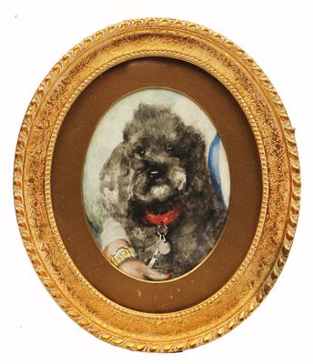 Lot 80 - AN EARLY 20TH CENTURY OVAL WATERCOLOUR of a poodle with red collar