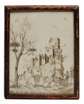 Lot 81 - A GEORGE III HAIR WORK AND SILK PICTURE of two boys seated by a ruined castle
