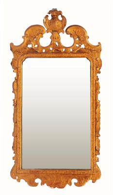 Lot 85 - AN 18TH CENTURY CARVED PINE PIER GLASS with later gilded cartouche and scrolling foliate frame