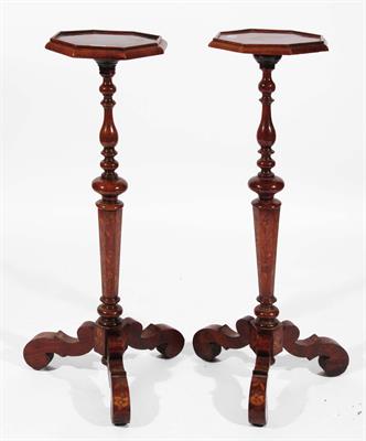 Lot 87 - A NEAR PAIR OF 19TH CENTURY DUTCH OAK AND FLORAL MARQUETRY OCTAGONAL CANDLE STANDS on ring turned