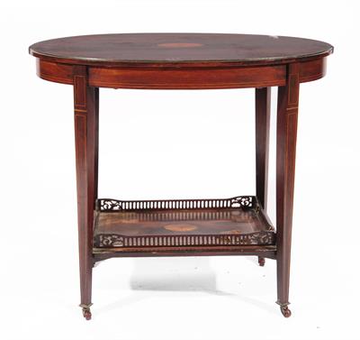 Lot 89 - A LATE VICTORIAN ROSEWOOD AND SATINWOOD INLAID OVAL OCCASIONAL TABLE with tray undertier