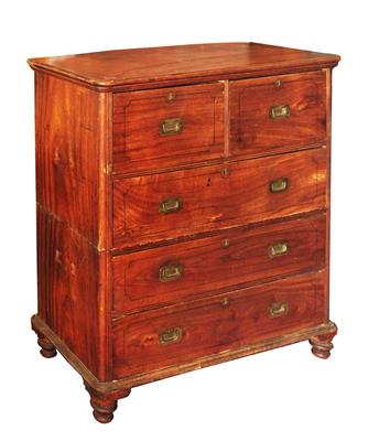 Lot 93 - A LATE 19TH CENTURY COLONIAL CAMPHORWOOD CHEST of two short and three long drawers with line inlay