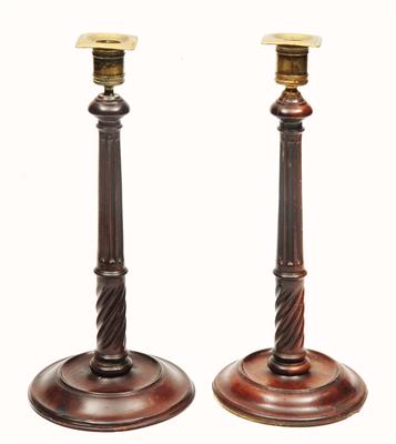 Lot 97 - A PAIR OF GEORGE III MAHOGANY CANDLESTICKS with fluted columns