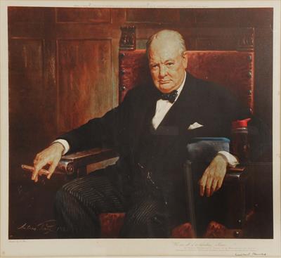 Lot 102 - A SIGNED COLOURED PRINT of Sir Winston Churchill
