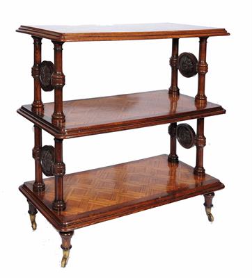 Lot 105 - A VICTORIAN HOWARD STYLE OAK GRADUATED THREE TIER BUFFET with geometric parquetry designs