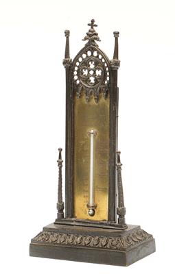 Lot 125 - A 19TH CENTURY PATINATED AND LACQUERED BRASS DESK THERMOMETER
