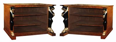 Lot 156 - A PAIR OF OAK EGYPTIAN REVIVAL OPEN BOOKCASES