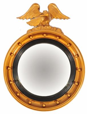 Lot 162 - A REGENCY STYLE GILTWOOD CIRCULAR CONVEX MIRROR with eagle finial and sphere ornament