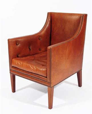 Lot 163 - DAVID LINLEY 'NELSON' LIBRARY ARMCHAIR upholstered in button brown studded leather on square
