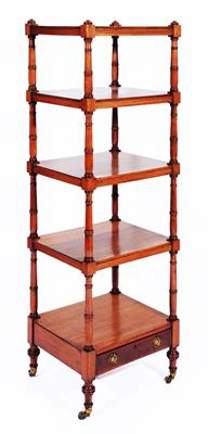 Lot 166 - A GEORGE IV MAHOGANY FIVE TIER RECTANGULAR WHATNOT with ring turned supports