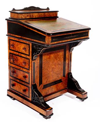 Lot 167 - A VICTORIAN FIGURED WALNUT AND EBONISED DAVENPORT DESK with hinged rising lid