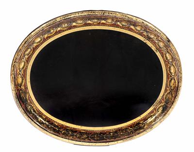 Lot 169 - A REGENCY BLACK LACQUERED PAPIER MÂCHÉ OVAL TEA TRAY with greek key border within a blood red