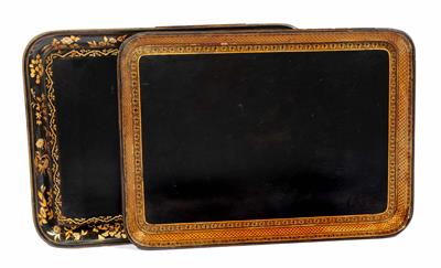 Lot 170 - TWO REGENCY/EARLY VICTORIAN BLACK LACQUERED RECTANGULAR PAPIER MÂCHÉ TRAYS with gilded foliate and