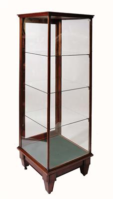 Lot 171 - A MAHOGANY DISPLAY CABINET of tall square form with three glazed glass shelves and locking panel