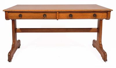 Lot 172 - AN ARTS & CRAFTS OAK RECTANGULAR LIBRARY TABLE fitted two drawers with brass triangular drop handles