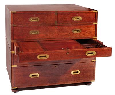 Lot 174 - A 19TH CENTURY COLONIAL BRASS BOUND CAMPHORWOOD CAMPAIGN CHEST CONSTRUCTED IN TWO HALVES and fitted