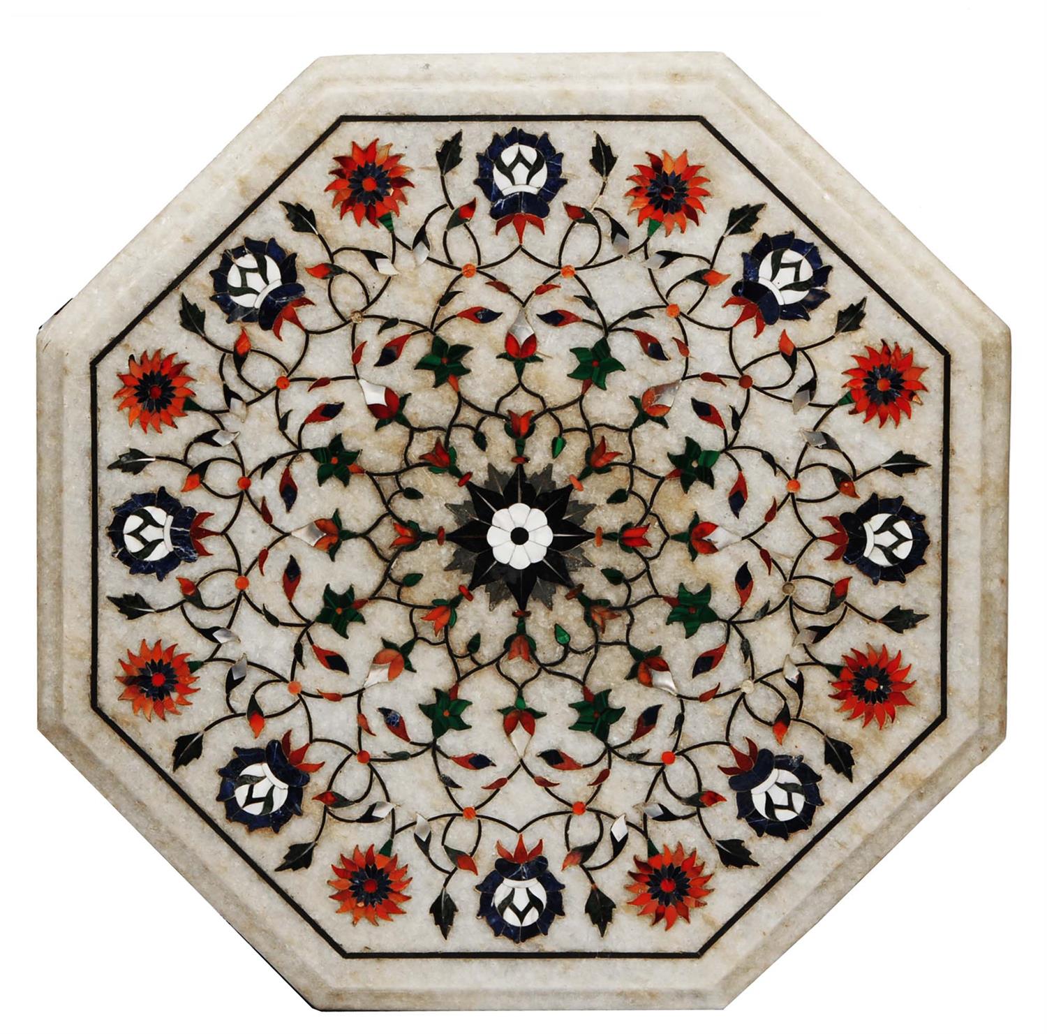 Lot 182 - AN INDIAN COMPOSITE MARBLE OCTAGONAL TABLE TOP with polychrome mosaic scrolling flower decoration