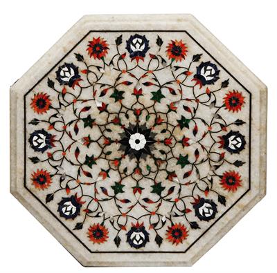 Lot 182 - AN INDIAN COMPOSITE MARBLE OCTAGONAL TABLE TOP with polychrome mosaic scrolling flower decoration