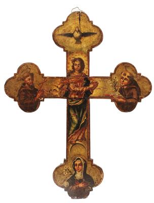 Lot 199 - AN ANTIQUE CONTINENTAL PAINTED WOODEN CROSS