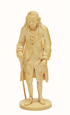 Lot 200 - A 19TH CENTURY DIEPPE IVORY FIGURE carved in the form of a gentleman in 18th Century dress with