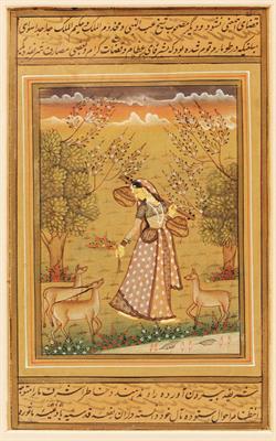 Lot 204 - AN OLD INDIAN MINIATURE painted: a female beauty with deer in a landscape setting