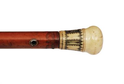 Lot 238 - AN 18TH CENTURY IVORY AND PIQUÉ WORK HANDLED POMANDER WALKING CANE