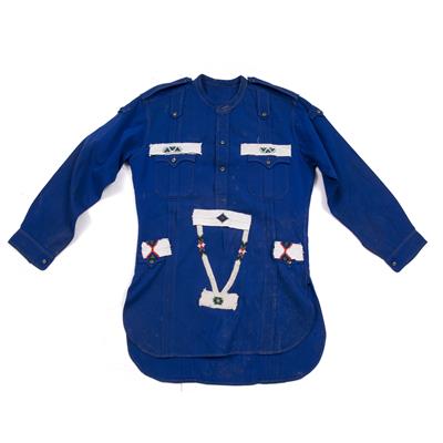 Lot 250 - A SOUTH AFRICAN WORKERS JACKET with Zulu/Ndebele beadwork on a blue ground