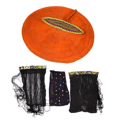 Lot 254 - A GIRL'S COTTON APRON with multi-coloured beads on a black ground; two beaded breast covers; and a