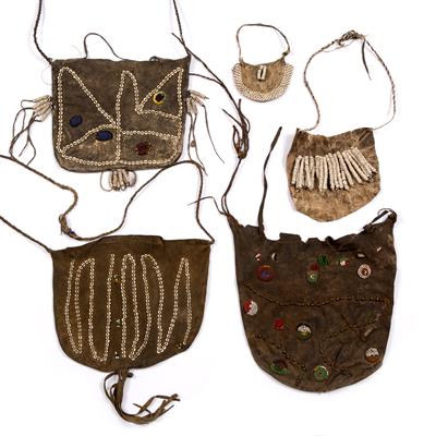Lot 262 - A BUSHMAN WOMAN'S BEADED HIDE BAG with multi-colour trade beads and metal beads; together with a