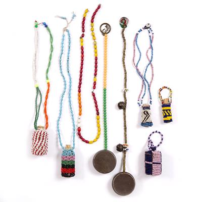 Lot 304 - A XHOSA BEADED MEDICINE BOTTLE; and seven miscellaneous beaded snuff bottles (8)