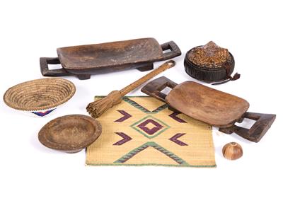 Lot 331 - AN AFRICAN BASKETWARE CONTAINER AND COVER