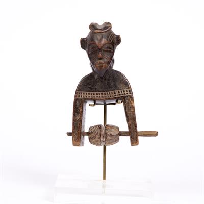 Lot 353 - A FINE AFRICAN WOODEN HEDDLE PULLEY carved in the form of a pair of embracing naked figures