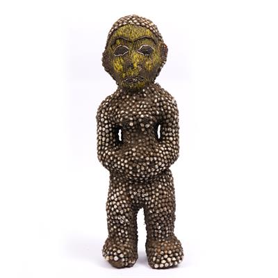 Lot 357 - A CAMEROON BAMOUN PORTRAIT FIGURE with yellow beadwork face and allover encrusted with shells