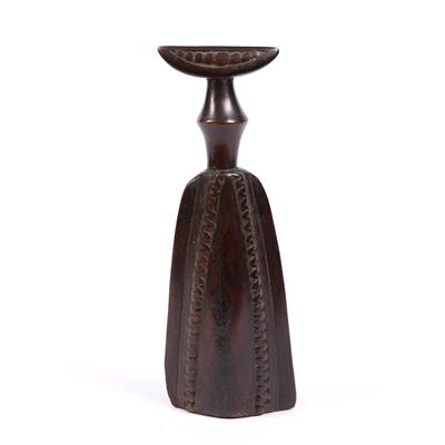 Lot 369 - A YORUBA CARVED WOODEN BELL with double zig-zag scratch carved decoration