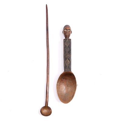 Lot 401 - A CONGOLESE WOODEN SPOON with a carved male head finial and diamond scratch work decoration