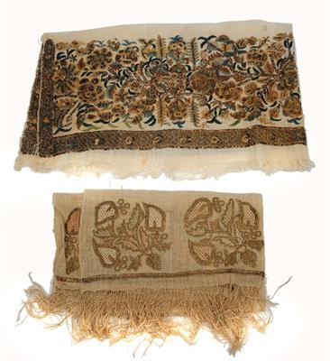 Lot 442 - A TURKISH 19TH CENTURY SIGNED SILK AND METAL THREAD FLORAL EMBROIDERY PANEL and a Turkish 19th