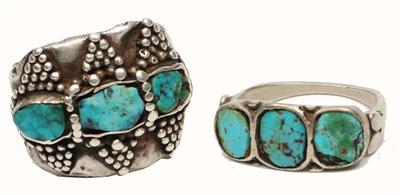Lot 451 - TWO SILVER AND TURQUOISE RINGS from Nejd