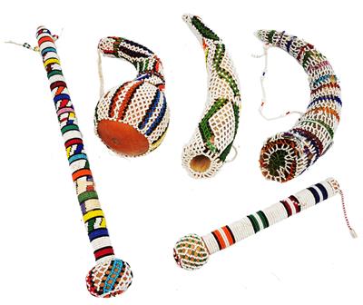 Lot 456 - A GROUP OF FIVE PIECES OF ZULU POLYCHROME BEAD WORK mounted as horns and staves