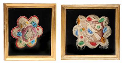 Lot 457 - TWO NATIVE AMERICAN IROQUOIS BEADWORK CUSHIONS with polychrome bird and flower decoration