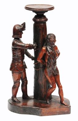 Lot 470 - A CONTINENTAL CARVED WOODEN FIGURE of a Knight in armour rescuing a naked girl tied to a column