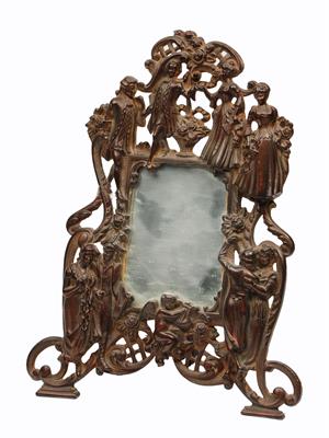 Lot 471 - A CONTINENTAL CAST IRON MIRROR decorated dancing 18th Century figures on strut support