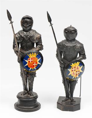 Lot 478 - A PAIR OF PRESSED METAL MODELS of Maltese Knights in armour with painted shields