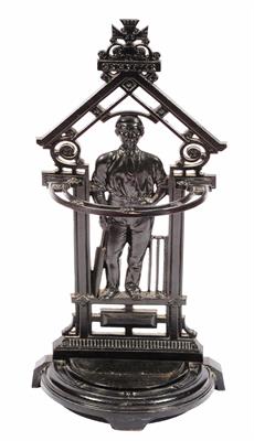 Lot 480 - A VICTORIAN BLACK PAINTED CAST IRON STICK STAND in the form of a cricketer with stumps