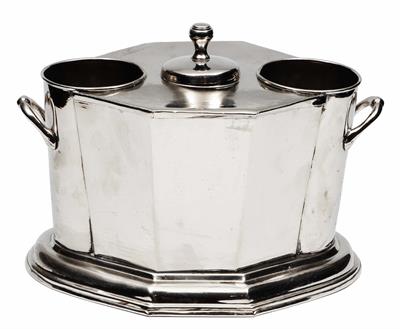 Lot 486 - A SILVER PLATED TWO HANDLED ICE BUCKET with loose cover and fitted for two bottles on a shaped base