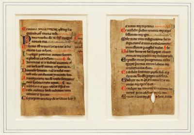 Lot 629 - TWO LEAVES FROM EARLY 13TH CENTURY ENGLISH LATIN PSALTER containing Psalms 74 vs 11-76
