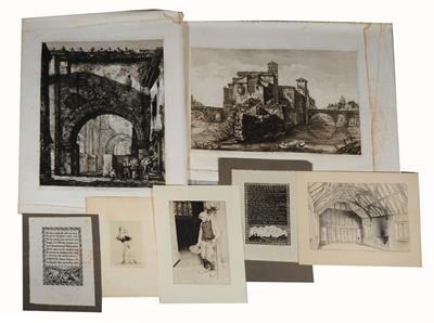Lot 67 - A PORTFOLIO OF MIXED ENGRAVINGS AND WATERCOLOURS TO INCLUDE: two Rossini etchings - 'Veduta dell'